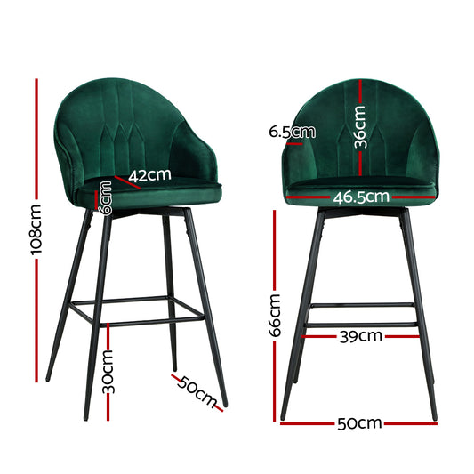 Artiss 2x Bar Stools Kitchen Swivel Stool Dining Chairs Velvet Metal Green