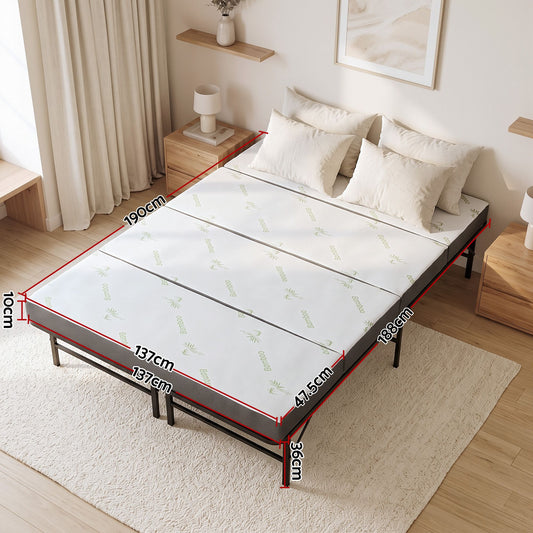 Giselle Double Folding Bed with Mattress 4 Fold Metal Frame Guest Bed Bamboo Cover