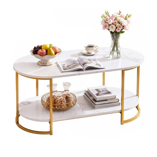 Artiss Coffee Table 2 Tier Oval Marble Finish Storage Shelf Metal Frame Center Table Living Room 100x50x45cm White & Gold