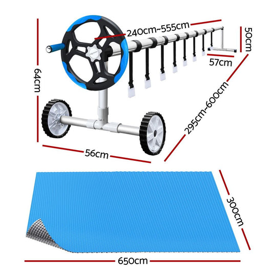 Aquabuddy Pool Cover 6.5x3m 400 Micron Silver Swimming Pool Solar Blanket 5.5m Blue Roller