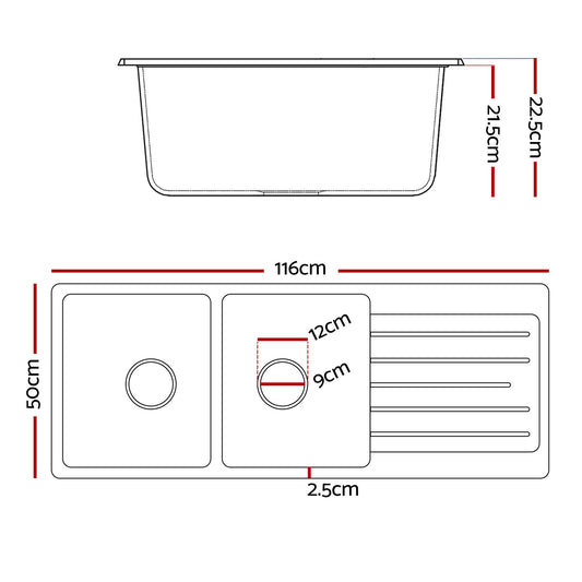 Cefito Kitchen Sink 116x50cm Granite Stone Sink Double Bowl White