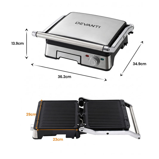 Devanti 2000W 3-in-1 Panini Press Grill Sandwich Maker 180Β° Open 4 Slice