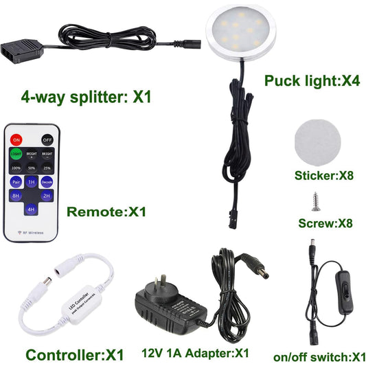Dimmable & Timing Under Counter Lights Kitchen with Wireless RF Remote,Ultra-Thin 240V LED Cabinet Lights,12W Shelf LightsοΌ4 Lights,Daylight White
