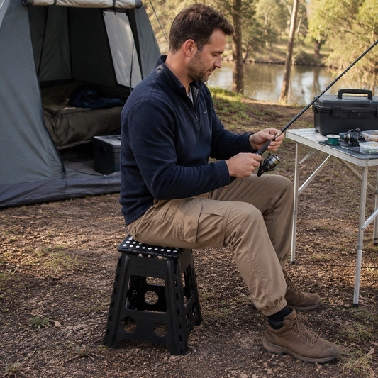 Portable Black Folding Stool with Carry Handle, Non-Slip Seat and TPR Feet, for Camping and Home(39x29x22cm)