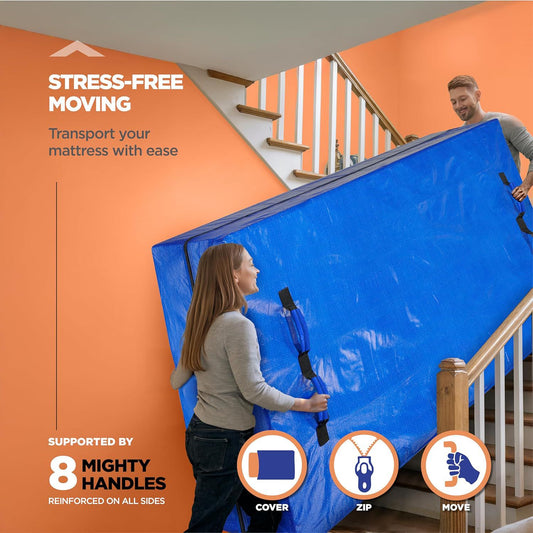 Waterproof Mattress Bag Mattresses Protector Plastic Moving Storage Dust Cover Carry Bed Zipper Packing Reusable Disposal, Extra Thick Heavy Duty, with 8 Handles(Single)