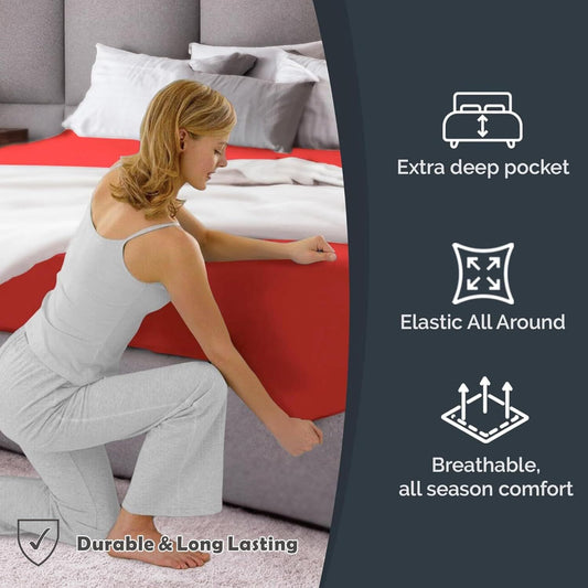 Hotel Quality Fitted Sheet - 1 Piece Fitted Sheet -Breathable Bedding - Wrinkle, Fade, Stain Resistant- 16inch/40cm Deep Pocket Fitted Bed Sheet-Wrinkle and Fade Resistant,(Red,King)