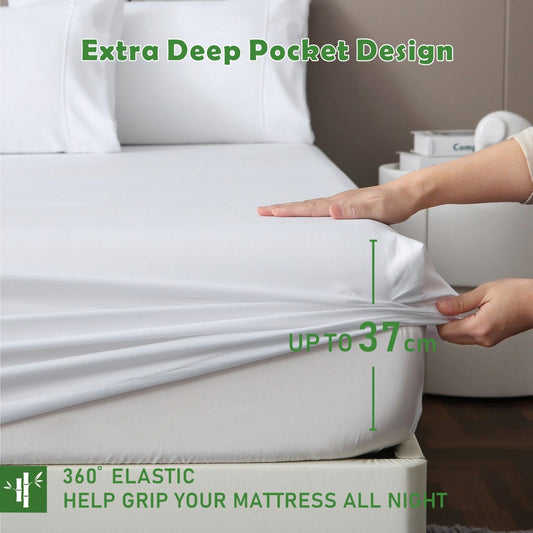 3 Piece Hotel Bamboo Cooling Fitted Sheet Set & Pillowcase -Ultra Soft 2000TC Breathable Fitted Bed Sheets Set with 37 Centimetre Deep Pocket-Cooling Sheets for Hot Sleepers(White,Super King)