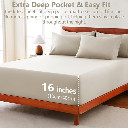 Hotel Soft Bed Sheet Set- Bedding Sheets & Pillowcases -Breathable Bedding - Wrinkle, Fade, Stain Resistant-Deep Pocket Flat Fitted Bed Sheet Set(Cream White,Double)
