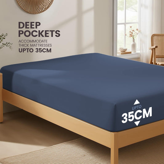 Hotel Quality Fitted Sheet - 1 Piece Fitted Sheet -Breathable Bedding - Wrinkle, Fade, Stain Resistant- 16inch/40cm Deep Pocket Fitted Bed Sheet-Wrinkle and Fade Resistant,(Navy,King)