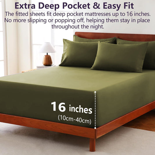 Hotel Soft Bed Sheet Set- Bedding Sheets & Pillowcases -Breathable Bedding - Wrinkle, Fade, Stain Resistant-Deep Pocket Flat Fitted Bed Sheet Set(Olive green,King Single)