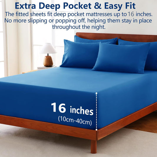 Hotel Soft Bed Sheet Set- Bedding Sheets & Pillowcases -Breathable Bedding - Wrinkle, Fade, Stain Resistant-Deep Pocket Flat Fitted Bed Sheet Set(Royal blue,Queen)