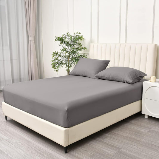 3 Piece Fitted Sheet Set- Fitted Sheet & Pillowcases -Breathable Bedding - Wrinkle, Fade, Stain Resistant- 40cm Deep Pocket Fitted Bed Sheet Set(Grey,Queen)