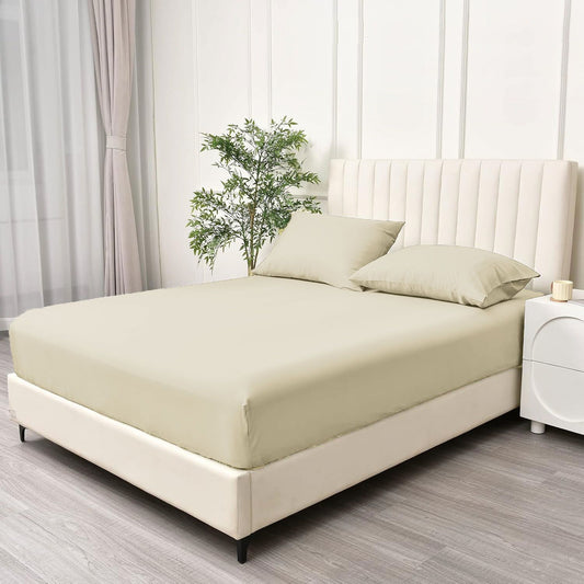 3 Piece Fitted Sheet Set- Fitted Sheet & Pillowcases -Breathable Bedding - Wrinkle, Fade, Stain Resistant- 40cm Deep Pocket Fitted Bed Sheet Set(Cream White,Queen)