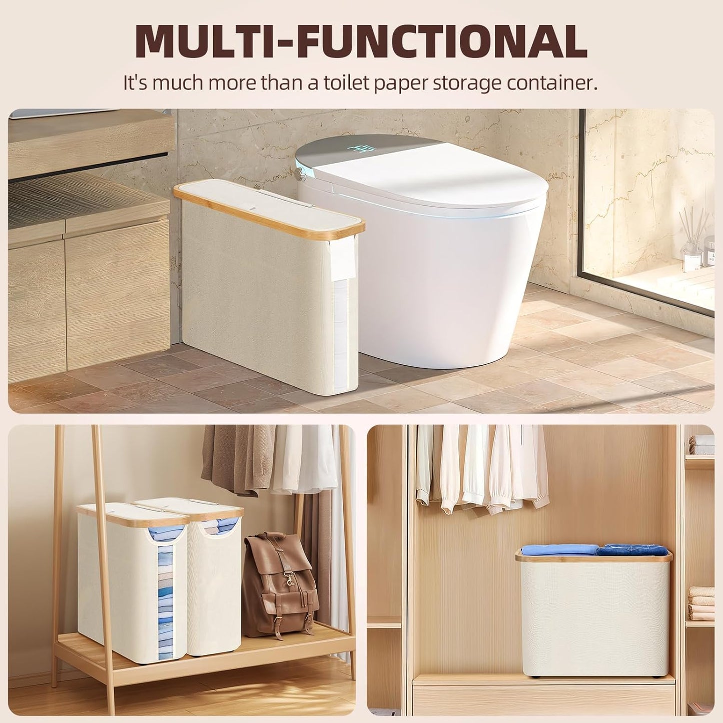 CARLA HOME Toilet Paper Storage Basket Holds Up to 12 Rolls with Bamboo Lid and Handle for RV Closet (White)