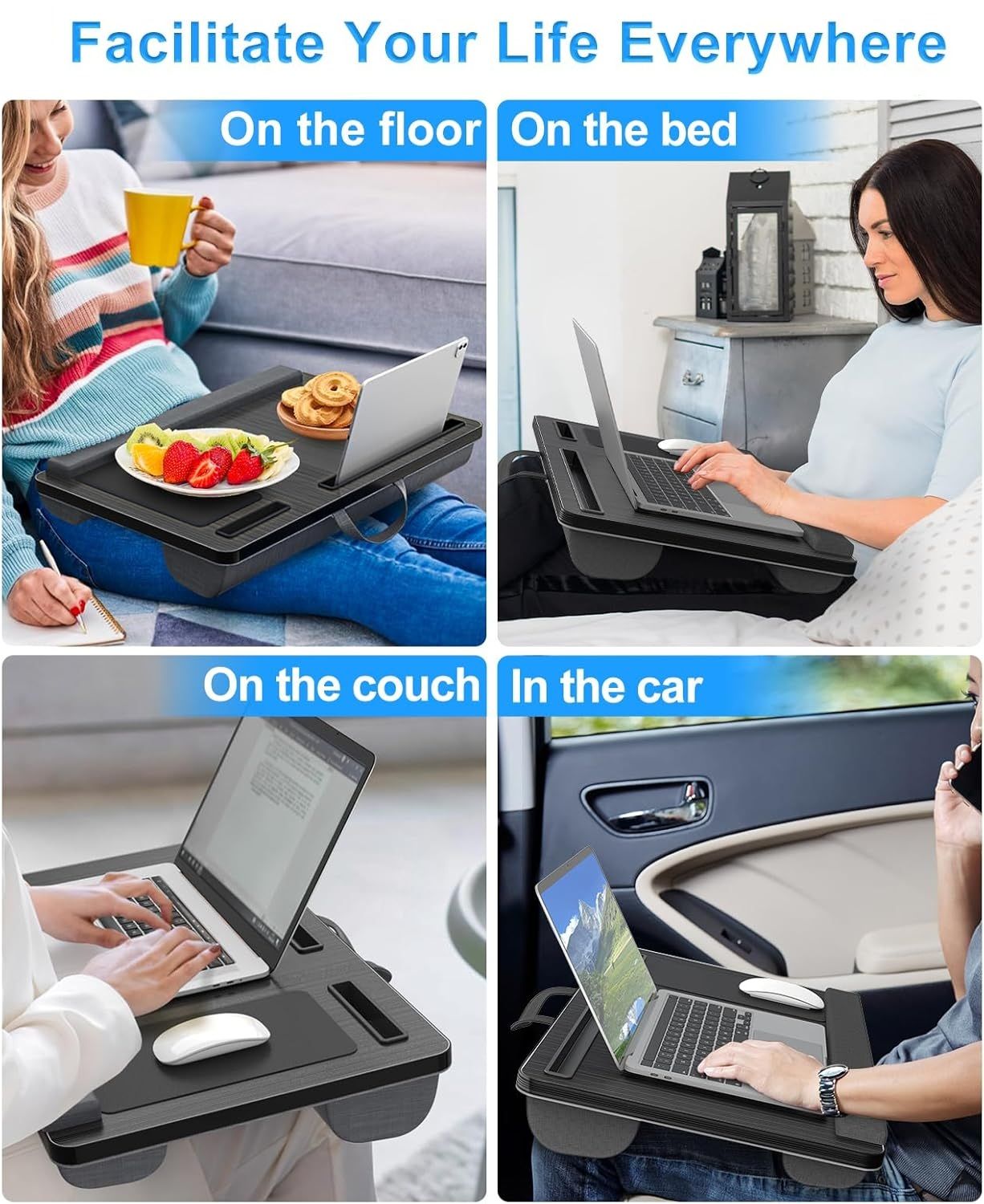 CARLA HOME Oversized Portable Lap Desk with Cushion,Mouse Pad, Tablet and Phone Holder which Fits Up to 17 Inch Laptops for Bed or Sofa (Black)