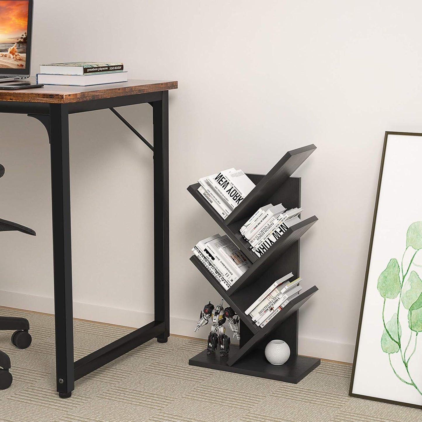 CARLA HOME 5-Tier Tree Bookshelf Storage Rack for Home Office or Bedroom (Black)