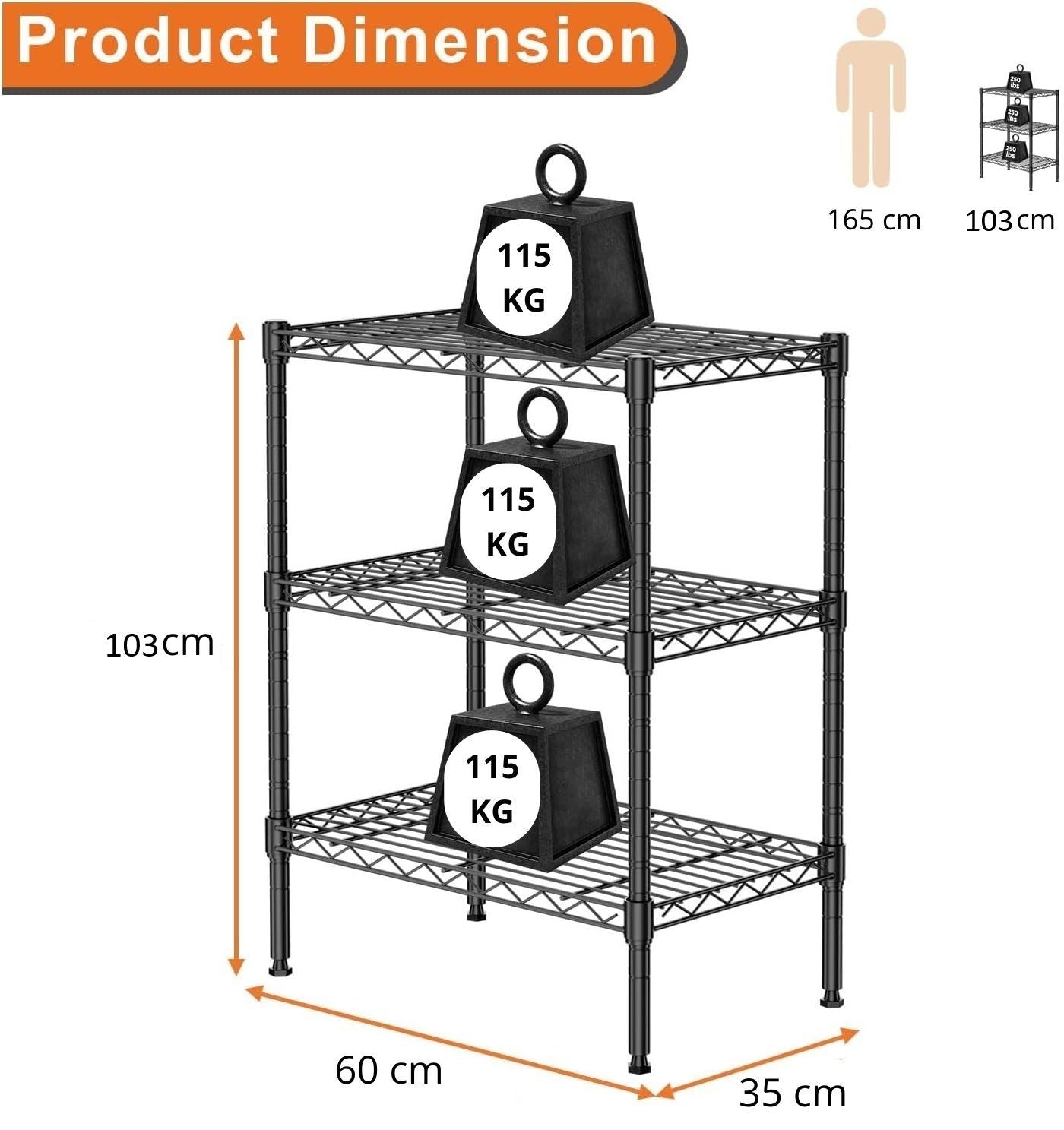 CARLA HOME 3-Tier Adjustable Metal Storage Shelves Wire Rack Organizer for Kitchen, Pantry, Bathroom or Laundry Room (60cm W x 35cm D x 103cm H)