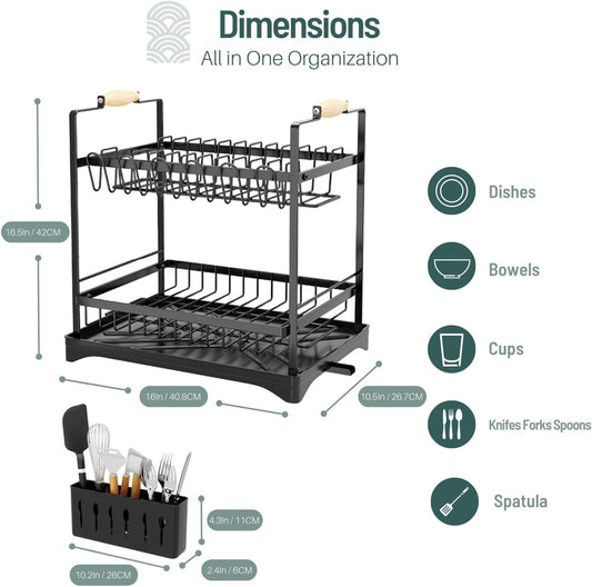 CARLA HOME 2-Tier Large Dish Drying Rack with Drainboard, Utensil Holder, Glass Hooks & Cutlery Storage (Black)