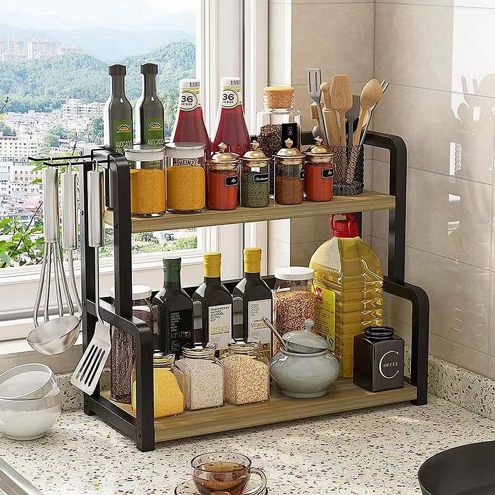 CARLA HOME 2-Tier Wooden Kitchen Countertop Spice Rack for Storage of Condiments, Oils, Jars & Seasoning Bottles
