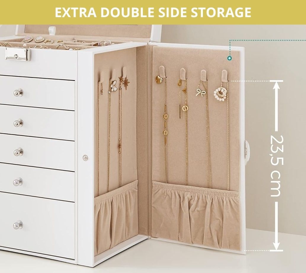CARLA HOME 6-Layer Large Jewelry Box for Women withDrawers, Mirror, Lock, Necklace Hooks & Side Compartments for Rings, Earrings, Bracelets, Gifts (White)