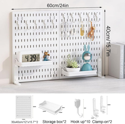 CARLA HOME 2 Pack Desk Pegboard Organizer Kit with Hooks, Tray & Mount Ideal for Office, Gaming Setup & Home Workspace Organization (White)