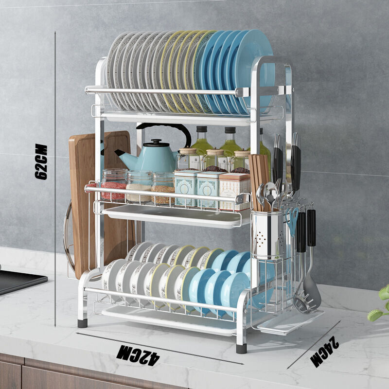 3 Tier Dish Drying Rack Silver 43cm High 60cm