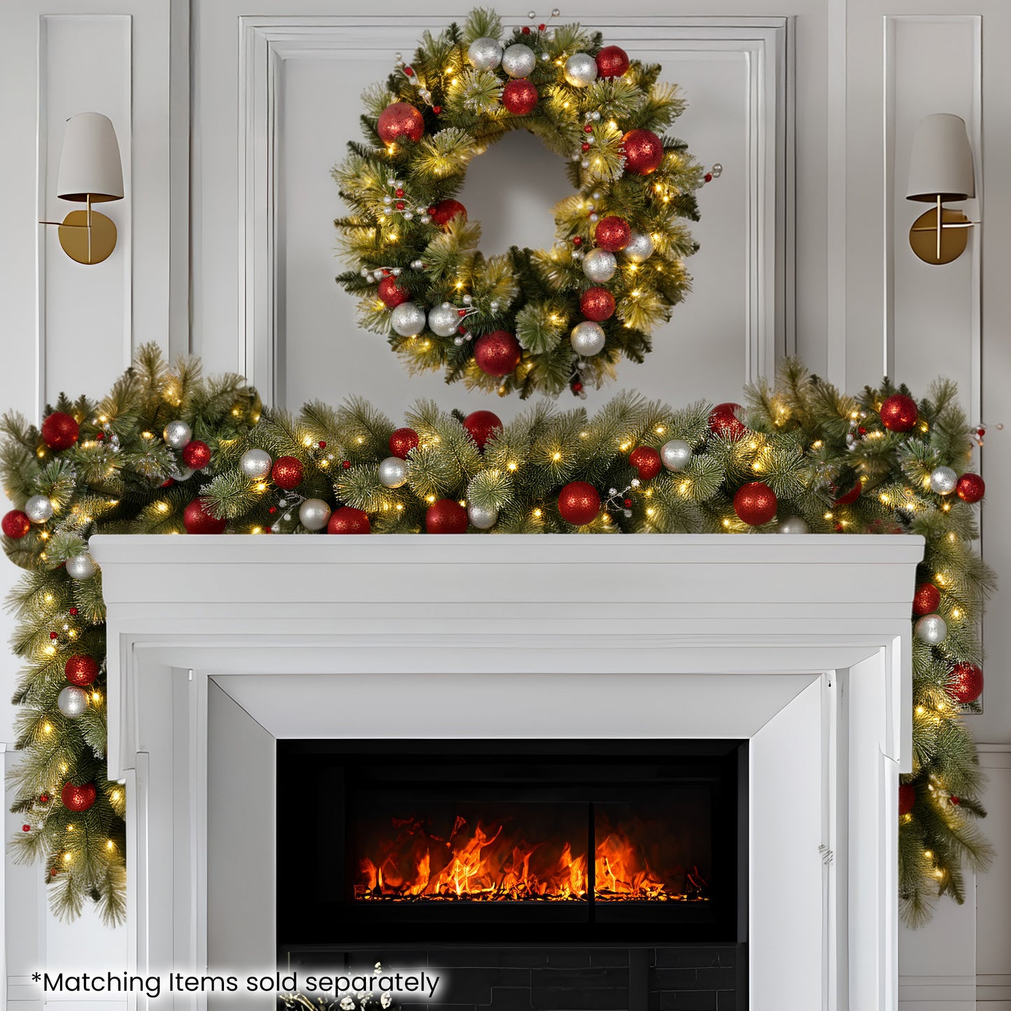 Christabelle Stunning 61cm Christmas Wreath with LED Lights Baubles Berries Red Silver Front Door Decoration