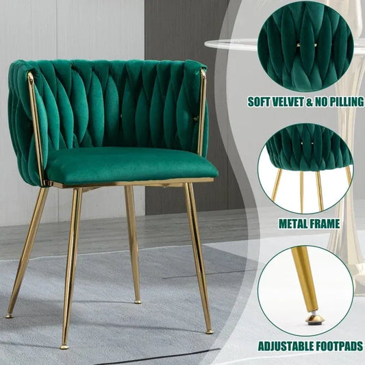 SERENITΓ Emerald Green Modern Hand Weaving Dining Chairs,Velvet Upholstered Side Chairs with Gold Legs, Chic Vanity Chairs with Armrest, Accent Chair for Dining Room, and Cafe Set of 2