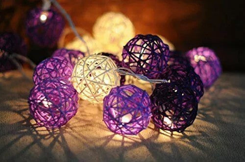 1 Set of Purple n White 5cm Rattan Cane 20 Ball Battery Powered 3m String Lights Christmas Gift Home Wedding Party Bedroom Decoration Table Centrepiece
