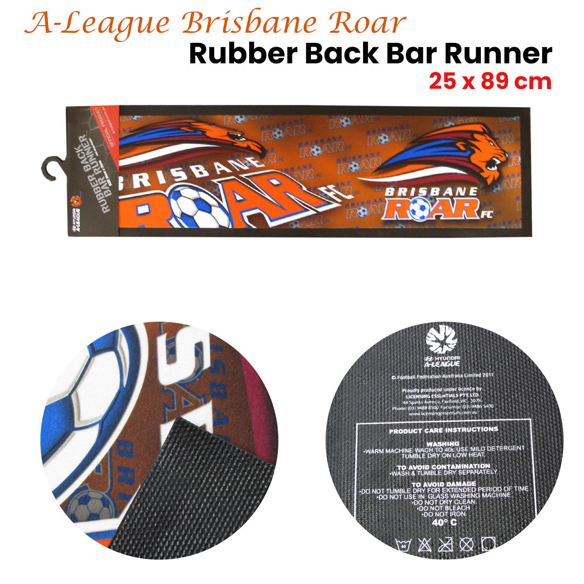 A-League Brisbane Roar Rubber Back Bar Runner 25 x 89 cm