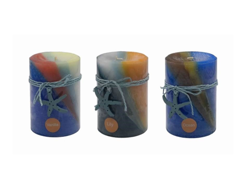 bulk 36 Ocean Views Pillar Candle Assort 10cm