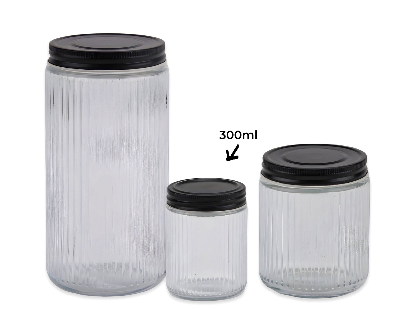 bulk 24 Ribbed Glass Jar With Metal Lid 300ml 7x10cm