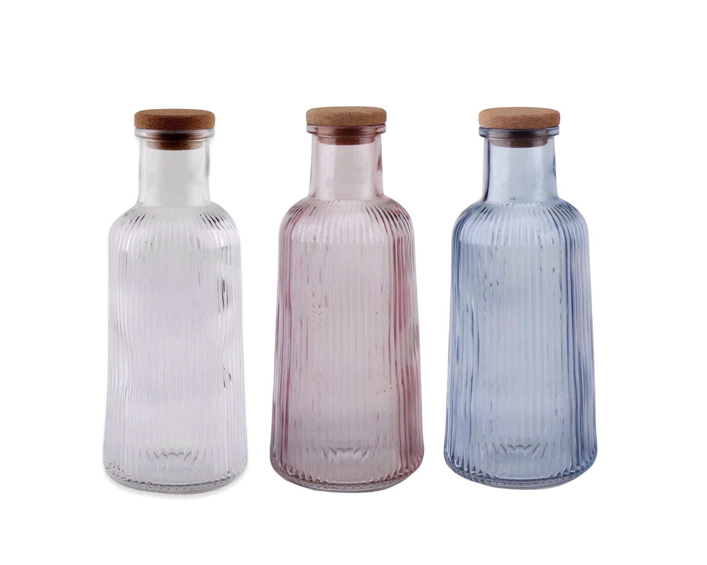 bulk 12 Ribbed Glass Bottle With Cork Lid 1lt 3 Assorted 8x28cm