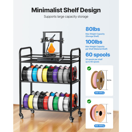 3D Printer Filament Storage Rack, 3 Tier Heavy Duty Storage Shelf, Rolling Filament Spool Holders Racks with Wheels, Filaments Organzied for 3D Printing Station, Office, Workshop (Shelf Only)