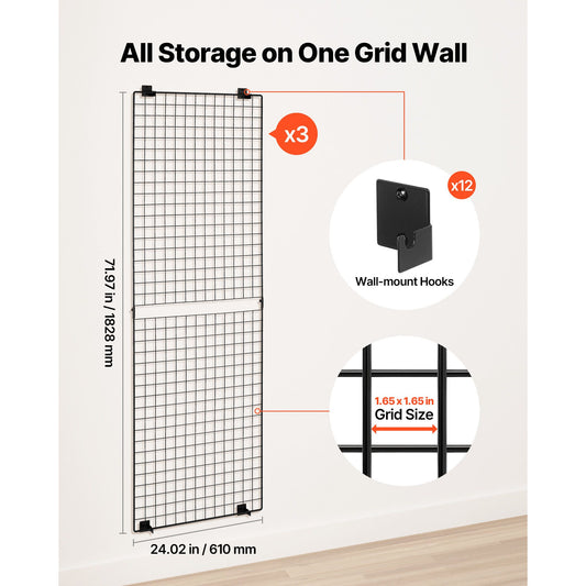 3 Packs Grid Wall Panels, 610 x 1828 mm Wire Grid Panels Display Rack, Wall-Mounted Art Display Shelf, Black Carbon Steel Wall Hanging Gridwall for Craft Show, Decoration, Storage, Notice Board