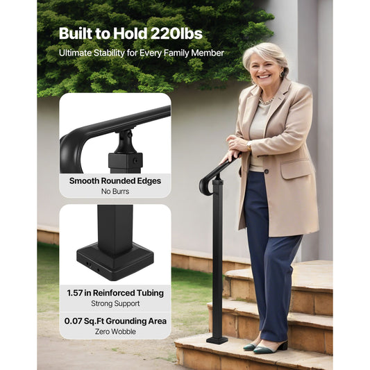 Handrails for Outdoor Steps, 2-3 Step Adjustable Height, Carbon Steel Transitional Handrail with Installation Kit, Exterior Hand Railing for Steps, Concrete or Wooden Stairs, Porch, Matte Black