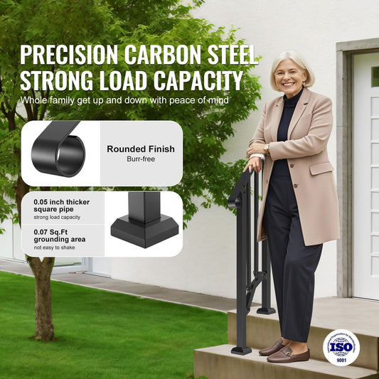 Handrails for Outdoor Steps, 1-2 Step Stair Hand Rail Kit, Transitional Carbon Steel Railings with Installation Kit, Stair Rails for Seniors, Concrete Steps & Porch & Deck, Black Retro Arch