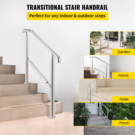 3 Step Railing Stainless Steel Transitional Handrail fit for Level Surface and 1 to 3 Steps Adjustable Stair Railing Indoor Outdoor Step Railings 220lb Capacity W/ Installation Kit Porch DIY