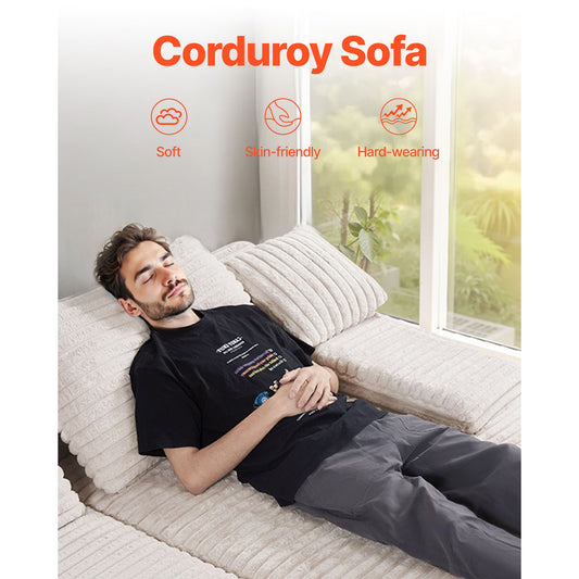 210 cm Oversized Double Chaise Lounge, Corduroy Fabric Sectional Sofa, Cozy Deep Seat Loveseat Sofa with Soft Cushions and Throw Pillows for Living Room Bedroom, No Assembly Required, Beige