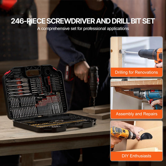 Drill Bit Set, 246 Pieces Drill and Driver Bit Set, Screwdriver Bit Set Suitable for Wood Metal Cement Drilling and Screw Driving, Drill Bit Sets Combo Kit Assorted in Organized Carrying Case