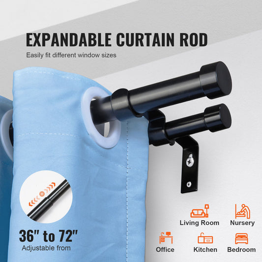 Double Rod Curtain Rods, 36-72 inches(3-6ft) Adjustable Length, Black Double Curtain Rods with Cap Finials, 1" and 3/4" Diameter, Double Window Drapery Rod for Sheer and Blackout Curtains