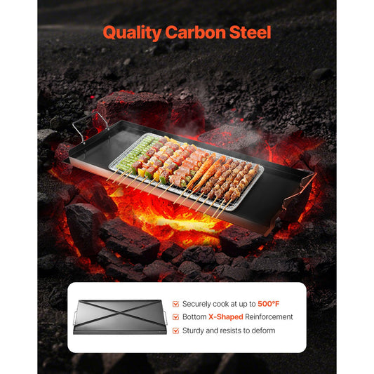 Carbon Steel Griddle, 32x14 inch Universal Flat Top Rectangular Plate, Gas Grill Griddle for BBQ Grill, Teppanyaki, Portable Family Cookware with Handle, for Camping Tailgating Party