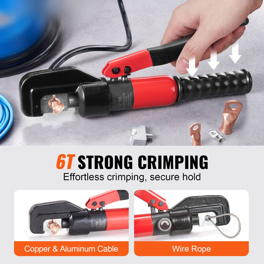 Hydraulic Crimping Tool with 9 Sets of Dies AWG12-2/0 Copper And Aluminum Terminal Battery Lug Crimper, with a Cutting Pliers, Gloves, 5pcs Copper Ring Connectors, 8pcs Heat Shrink Sleeves