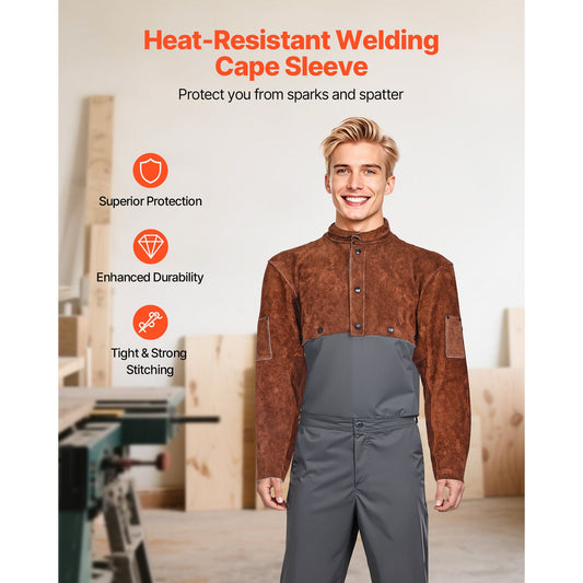 Leather Welding Cape Sleeve, Heavy Duty Flame Resistant Cowhide Safety Cape Sleeves for Men Women, Heat-Resistant for Welding, Blacksmithing, Woodworking, Gardening, XL-Size