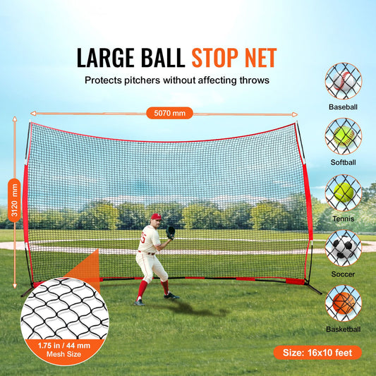 Barricade Backstop Net, 16x10 ft Ball Sports Barrier Netting, Portable Practice Equipment with Carry Bag, Protection Screen for Baseball Softball Lacrosse Soccer Hockey Training, for Backyard