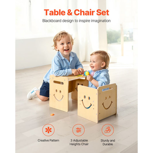 Montessori Weaning Table and Chair Set, 3 In 1 Wooden Toddler Table and Chairs with Chalkboard, Adjustable Height Montessori Table for Ages 1-5, Ideal for Drawing, Reading, Eating - Natural