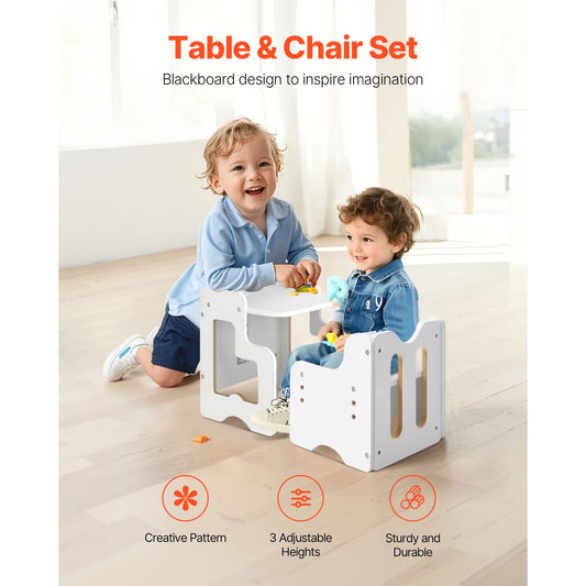 Montessori Weaning Table and Chair Set, 3 In 1 Wooden Toddler Table and Chairs with Chalkboard, Adjustable Height Montessori Table for Ages 1-5, Ideal for Drawing, Reading, Eating - White