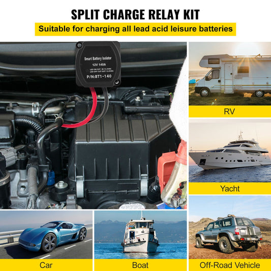 Split Charge Relay Kit, 6mtr, Automatic Dual Battery Isolator Kit with 140AMP Voltage Sense Relay VSR, Compatible with RV Marine Car Vehicle Truck Caravan Camper Yacht ATV UTV Boats Workshop