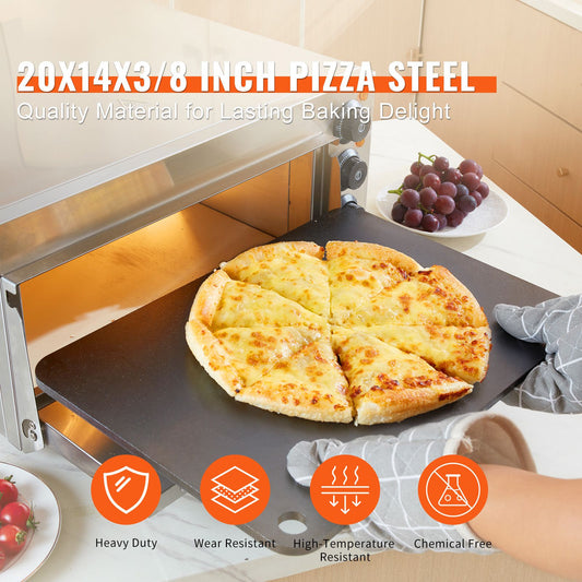 Pizza Steel, 20" x 14" x 3/8" Pizza Steel Plate for Oven, Pre-Seasoned Carbon Steel Pizza Baking Stone with 20X Higher Conductivity, Heavy Duty Rustproof Pizza Pan for Outdoor Grill, Indoor Oven