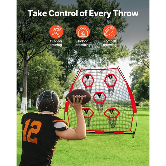 2133.6 x 2133.6mm Football Trainer Throwing Net, Training Throwing Target Practice Net with 5 Target Pockets, Knotless Net Includes Straps and Portable Carry Case, Improve QB Throwing Accuracy